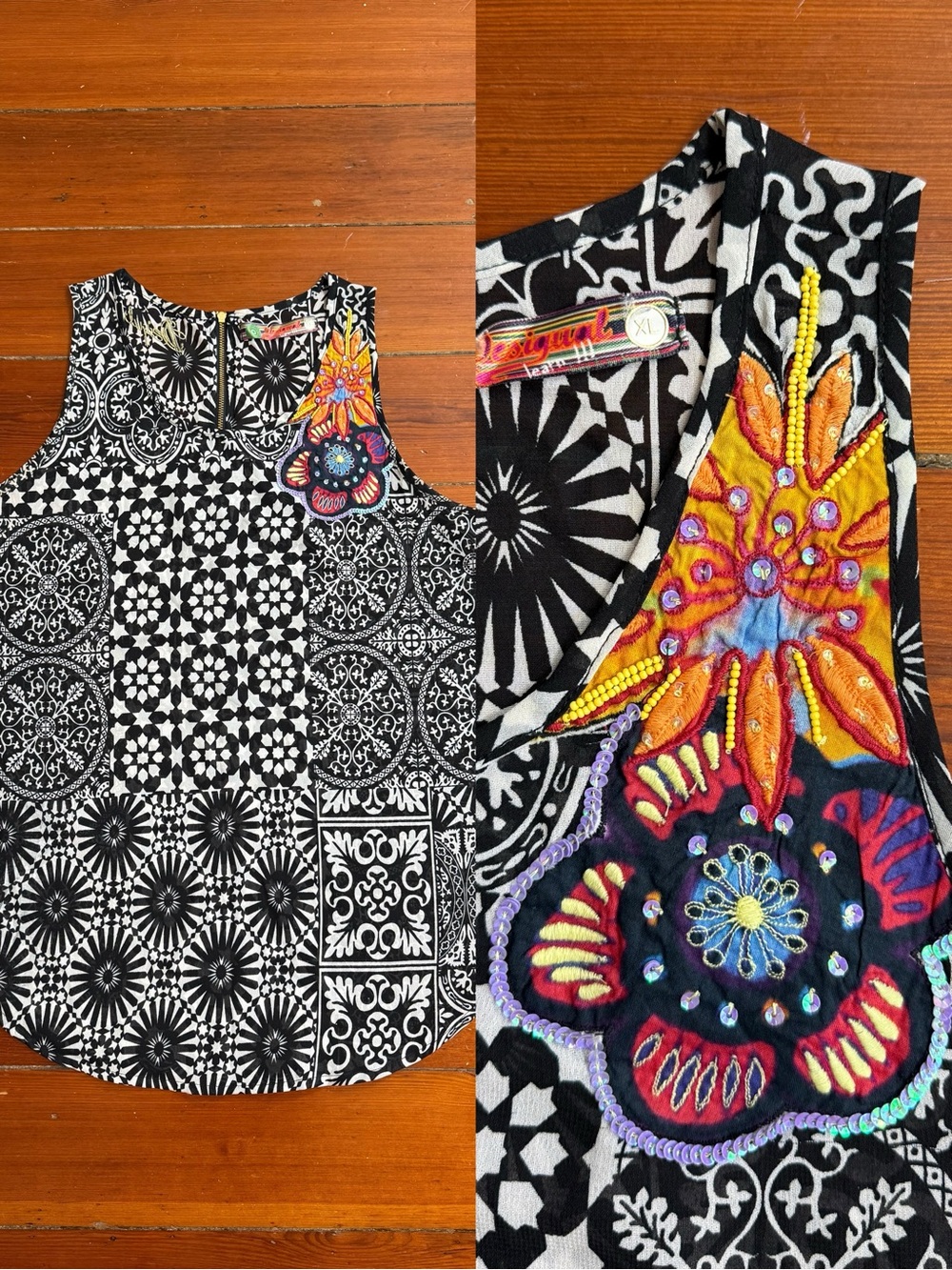 VNTG Desigual Semi Sheer Mosaic Tank with Colorful Embroidered Applique Sz XL 💛🍄
